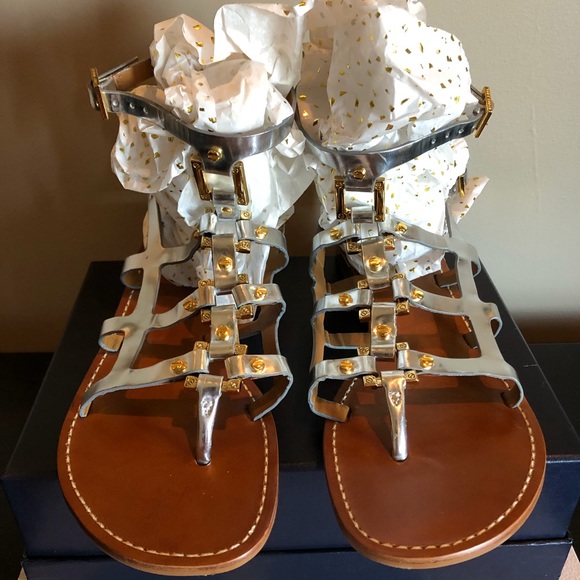 Tory Burch Shoes - Tory Burch Silver Gladiator Sandals w/ Gold Accent